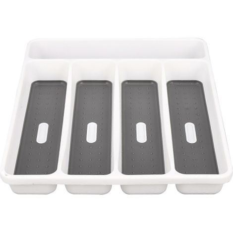 Grand plateau à couverts gris, boîte de rangement pour fourchettes, 5 compartiments, revêtement antidérapant, en plastique. (1/4)