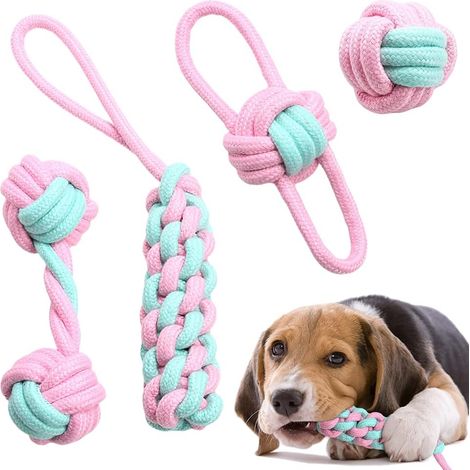 Jouets pour chiens, set de 4 jouets en laisse pour chiens, jouets à mâcher pour chiens, en coton naturel, jouets interactifs non toxiques et inodores (1/2)
