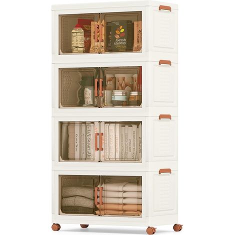GOPLUS Boîtes de Rangement en Plastique, Boîtes de Rangement Empliables 280L avec Couvercles, Roues Universelles, Portes Avant, Poignées Pratiques, pour Maison, Bureau (68.5(L),4 Niveaux) (1/5)