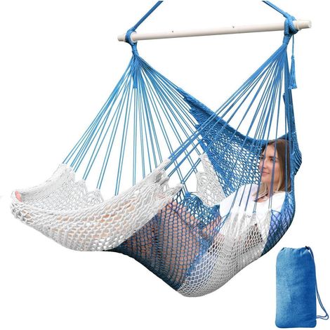 Fauteuil suspendu filet coton tressé main 240x80cm bleu/blanc pliable intérieur/extérieur (1/5)