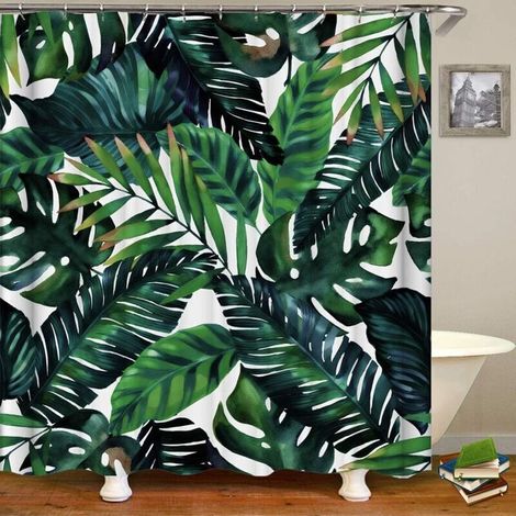 Cortina de ducha con estampado de hojas de palmera verdes (180 x 180 cm), cortina de baño, impermeable, lavable, tejido de poliéster, motivo vegetal 3D - Crezuo (1/4)
