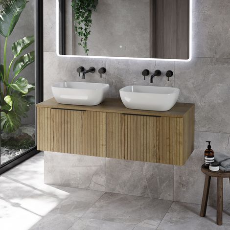 Helix 460 Fluted Autumn Oak 1200mm Wall Mounted 2 Drawer Vanity Unit for Countertop Basins