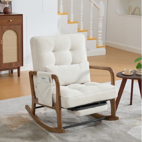 Fauteuil à bascule 70x80x92 cm beige avec repose-pieds et poche latérale, velours côtelé MEUBLIV (1/5)
