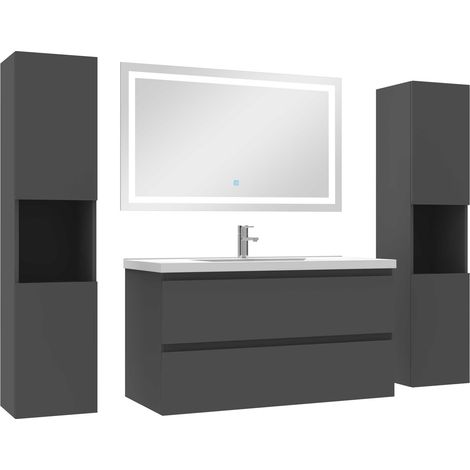 Ensemble meubles Salle de Bain 100cm vasque + colonne + miroir lumineux Anthracite (1/5)