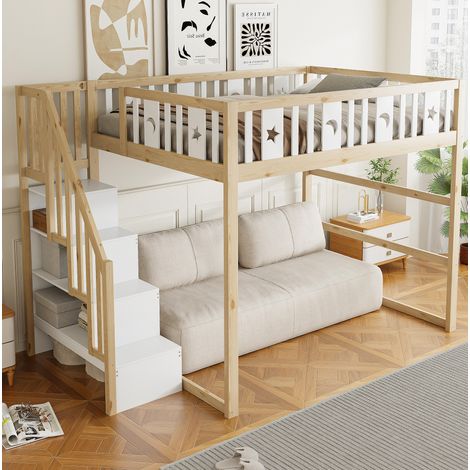 Lit mezzanine enfant 140x200 cm en bois massif blanc/naturel avec escalier et couchage bas (1/5)