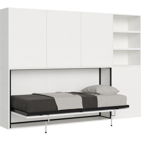 Lit escamotable horizontal blanc Bounto 85x185 avec rangement et bibliothèque composition F- (1/5)