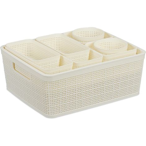 Relaxdays Organizador de Cajones, Set 10 Piezas, Cajas Organizadoras Baño, Diferentes Tamaños, Plástico, Cestas, Blanco