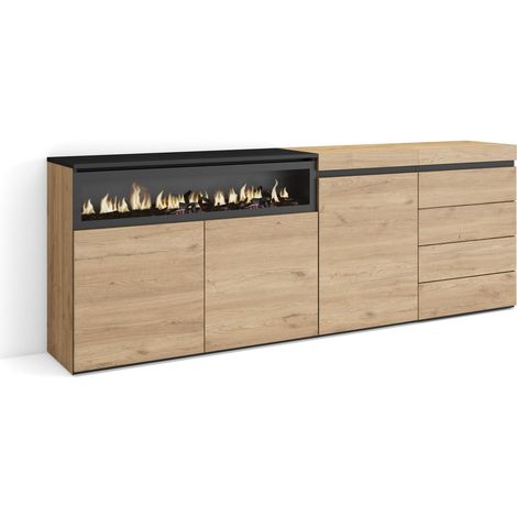 Buffet, Bahut, Meuble de Rangement, 207x75x35 cm, Chambre à Coucher, pièce, Cheminée électrique, Commode, Buffet, Style Moderne, Chêne (1/5)
