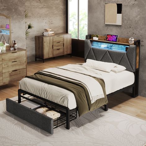 Polsterbett Leinen Grau 90x200 cm mit LED, USB-C, Stauraum-Kopfteil, Schublade und Metall-Lattenrost