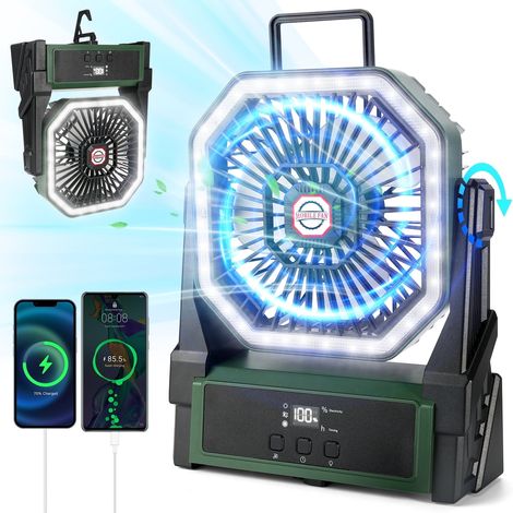 Ventilateur de camping à la pêche avec lumière LED, 20000mAh, rotation à 270°, 4 vitesses de vent, minuterie, vert, rechargeable, adapté au barbecue (1/5)