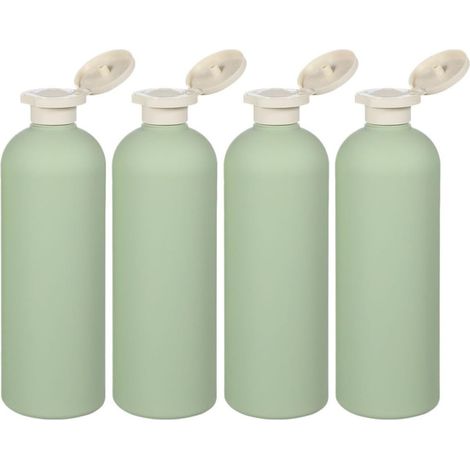 Juego de 4 botellas redondas con tapa abatible para champú y gel, color verde. (1/5)