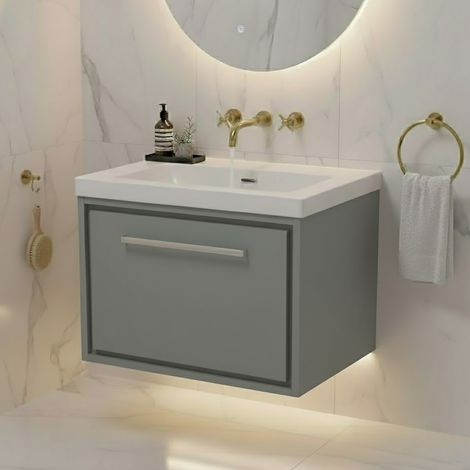 Hudson Reed Lille Wall Hung 1-Drawer Vanity Unit with 0TH Contemporary Basin 600mm Wide - Coastal Grey