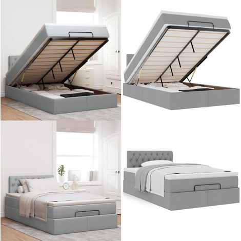 Pouf Letto con Materasso Grigio Chiaro 120x190 cm in Tessuto - Materasso a molle insacchettate - Letto con stoccaggio