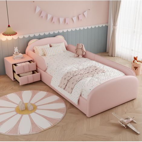 Cama infantil 90x200 cm rosa con cabecero de osito y mesita de noche DESVIAE (1/5)