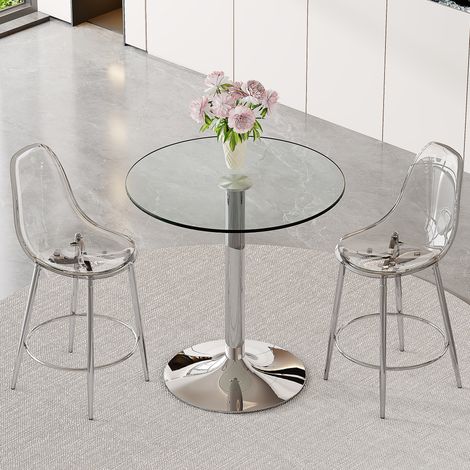 Ensemble 1 Bartisch und 2 Barhocker, mit Glasplatte und Metallgestell, Transparent und Silber (1/5)
