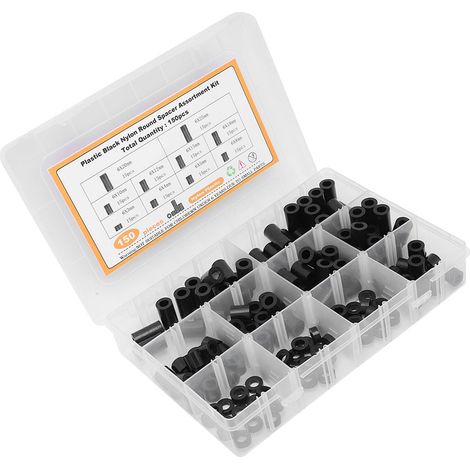 Assortiment de 150 entretoises rondes en nylon noir pour vis et fixations (1/5)