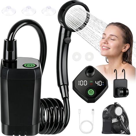 Douche de camping avec élément chauffant - Batterie 6000 mAh - Portable - Avec affichage numérique de la température - Chauffage rapide IPX7 - Étanche - Douche mobile pour camping, jardin (1/5)