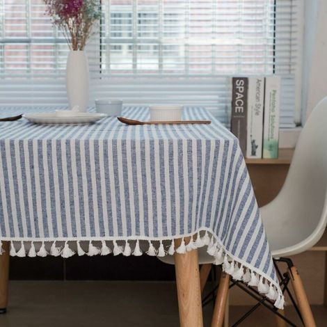 Rectangular Tablecloth, Striped Tassel Tablecloth, Table Protector, Linen Table Skirt, Kitchen Dining Table (Blue/White Stripes, 140×250cm) (1/5)