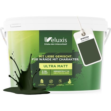 Wandfarbe Grün Dunkelgrün Braun Matt Innenfarbe – Deckkraft Klasse 1, VOC-frei, Ohne Grundierung, Tropfarm – Wohnzimmer & Schlafzimmer – 2,5L – Veluxis (Zippy Zucchini)