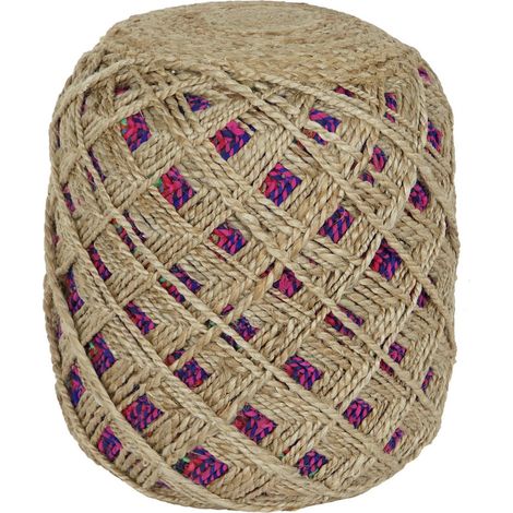 Pouf tressé jute coloré pour détente bohème - Nuances de marron avec touches multicolores (1/4)