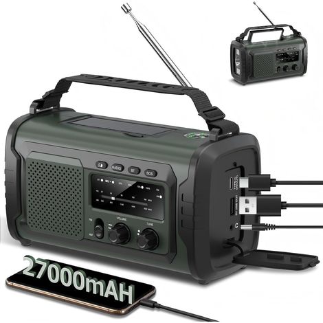 Radio de Secours 27000mAh à Manivelle et Solaire AM/FM Emergency Radio avec Alarme SOS Haut-Parleur Bluetooth Batterie Externe et Lampe LED pour Urgence Camping Maison Vert (1/5)