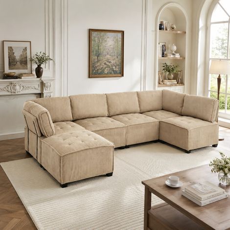 Canapé d'angle convertible en velours côtelé,Canapé 6 places modulable,combinaison DIY,canapé lit,beige (1/5)