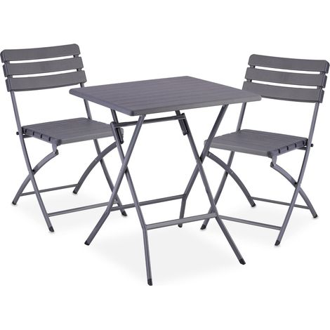 Table Pliante et 2 chaises pour Balcon, Aspect Bois, Acier et Plastique, Meubles terrasse, Grises (1/5)