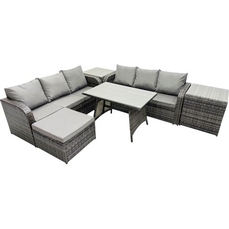 Fimous Garden Rattan Outdoor Furniture Set 7 Seater with 3 Seater Sofa Big Stool 2 Side Table Dark Grey (1/5)