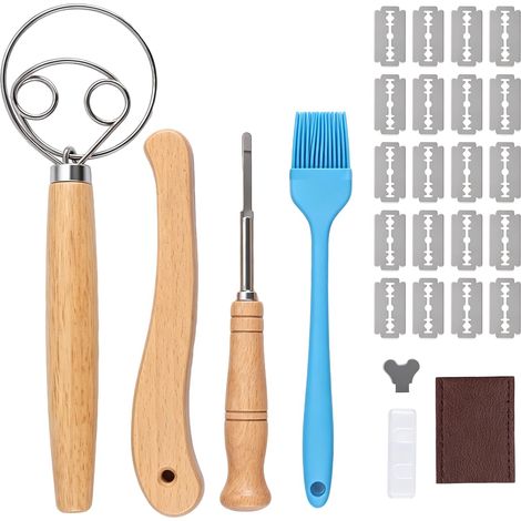 Set de couteaux de boulanger et de mélangeur à pâte, fouet danois, 2 couteaux à pain pour coupes droites et courbes, incluant 20 lames, un pinceau en silicone et des housses de protection (1/5)