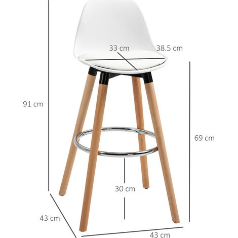 Ensemble de 2 tabourets de bar de style scandinave avec dossier, coussin et repose-pieds, en bois et plastique, blancs. (1/5)