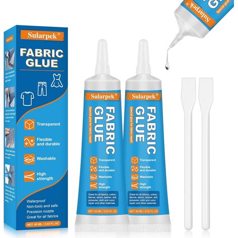 Colle pour Tissus, 2 60 ml Colle Tissu Extra Forte pour Tous Tissus, Coton, Flanelle, Denim, Cuir, Polyester, Badges, Réparation de Poupée, Séchage en 24 Heures et Imperméable (1/5)