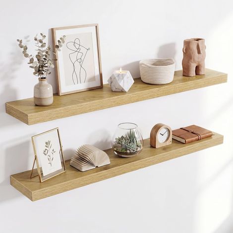 Étagère Murale en Bois, Version Extra résistante, Longueur 100 cm, Tablette Murale pour Salon, Salle de Bain, Chambre, Cuisine, chêne, Lot de 2 (1/5)
