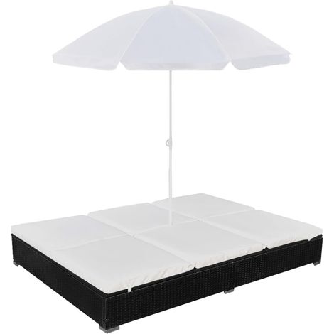 Outdoor-Loungebett mit Sonnenschirm Poly Rattan Schwarz