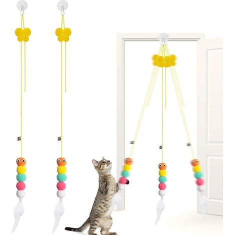 Lot de 2 jouets interactifs pour chat - Cadre de porte suspendu - Avec clochette et plumes - Pour la chasse aux chatons (1/5)