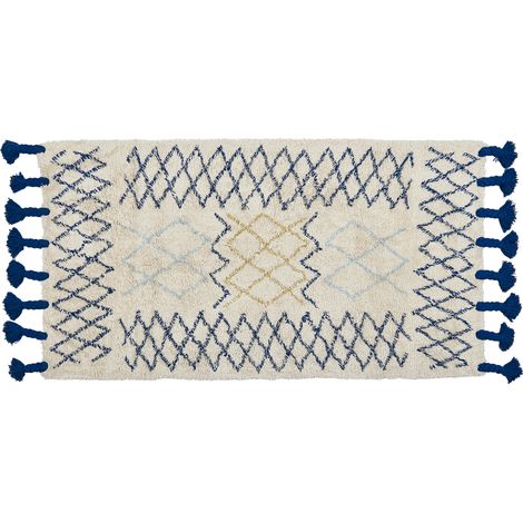 Alfombra de algodón beige azul negro amarillo 80 x 150 cm a mano borlas Erzincan