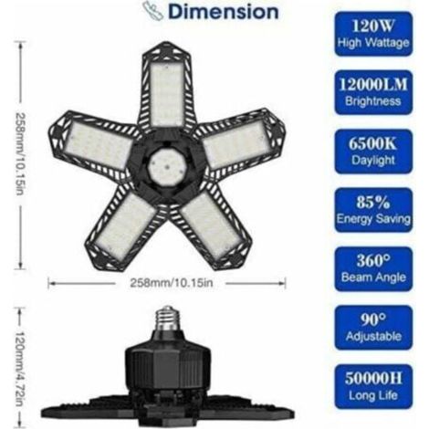 Kit d'éclairage LED pour garage - 120 W - 12 000 lm - Éclairage d'atelier - Plafonnier flexible - Panneau lumineux E26/E27 - 1 lampe (1/4)
