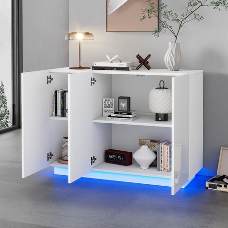 Aparador, cómoda, 120x40x75CM, mueble de almacenaje con iluminación LED en la base, mueble de entrada, blanco (1/5)