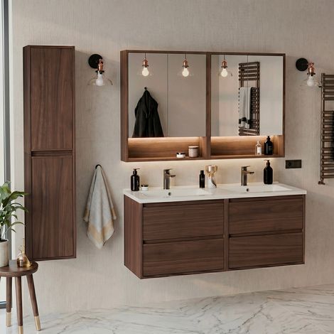 Doppelwaschbecken-Einbau-Waschtischset 120cm Hochschrank und Spiegelschränke Edmé Dunkles Holz (1/5)