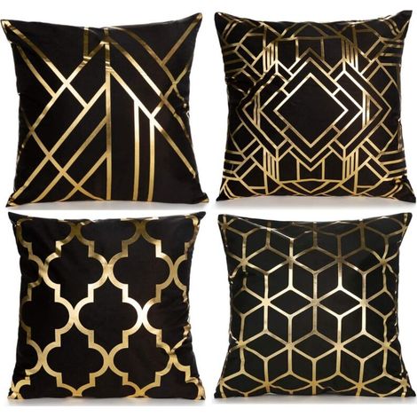 Ensemble de 4 housses de coussin décoratives pour la maison, taies d'oreiller en feuille d'or, 45 x 45 cm, coussin carré géométrique, décoration pour canapé, chambre à coucher (noir et or (1/5)