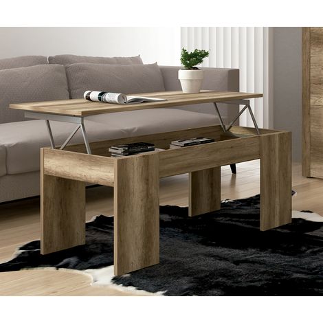 Table de salon relevable coloris chêne vieilli - Longueur 100 x profondeur 50 x hauteur 42,50 cm -PEGANE- (1/3)