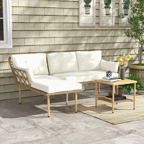 Set da Giardino 3pz con Chaise Longue, Divanetto, Cuscini e Tavolino, in Rattan e Acciaio, Bianco Crema e Legno