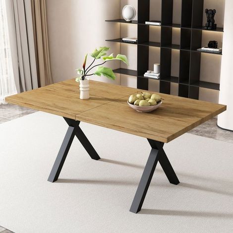 Table à Manger pieds croisés plateau rectangulaire fer forgé aspect chêne noir design moderne (1/5)