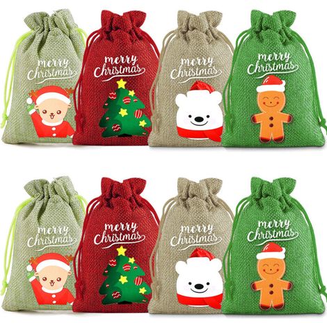 Sac à cordon en lin de Noël, sac cadeau de fête transfrontalier, sac à cordon pour enfants, sac à bonbons de dessin animé, paquet de 8, 9 x 12 cm