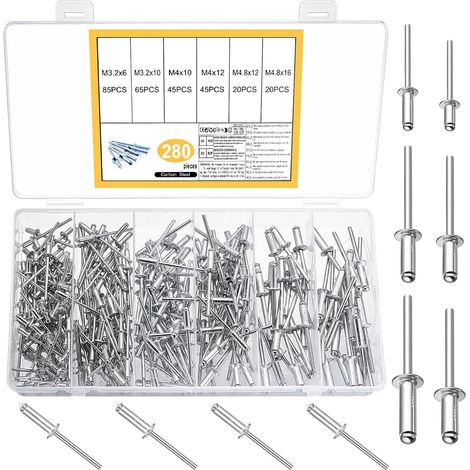 280 pièces assorties de rivets aveugles en aluminium, rivets M3,2 M4 M4,8 (1/5)