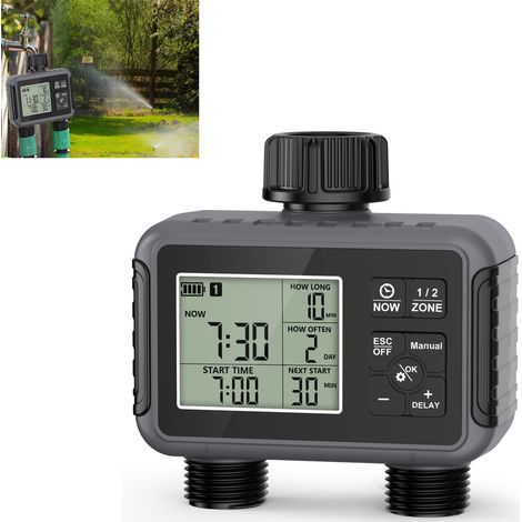 Minuteur d'arrosage, Programmateur d'irrigation double zone, Minuteur numérique, Contrôleur programmable avec fonction de report en cas de pluie, Système d'arrosage automatique (1/5)