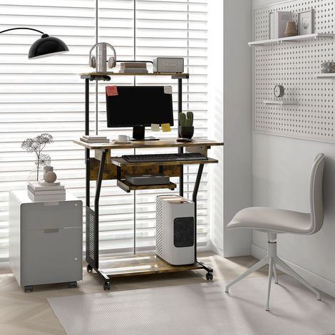 Bureau d'ordinateur roulant avec étagères de rangement, poste de travail et plateau pour clavier, 80x50x130cm, marron (1/5)