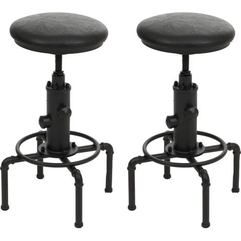 Juego de 2 taburetes de bar HHG-557, silla de bar, taburete de mostrador, regulable en altura, giratorio, industrial, metal, piel sintética, negro (1/5)