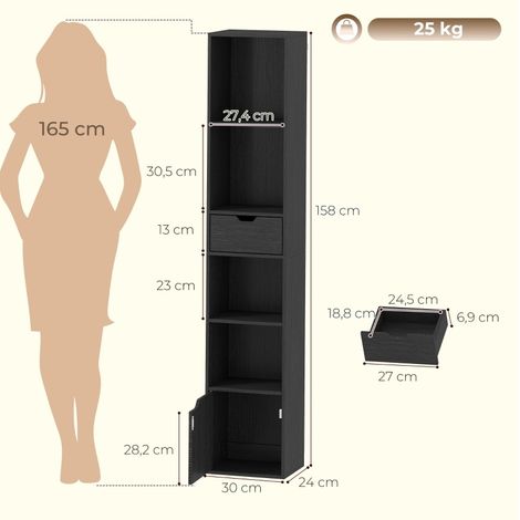 Libreria 30x24x158 cm in legno nero con vano contenitore, salvaspazio per ufficio – MEUBLIV (1/5)