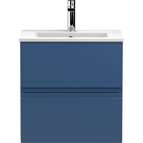 Mavesyn Contemporary 2 Drawer Wall Hung Vanity Unit with Minimalist Basin, Dark Blue, 500mm