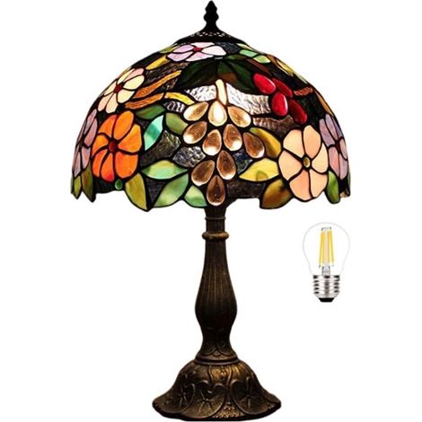 Lampe à poser Tiffany 30,5 cm – Abat-jour en vitrail – Décoration rose – Prise UE et interrupteur – Pour table de chevet ou bureau